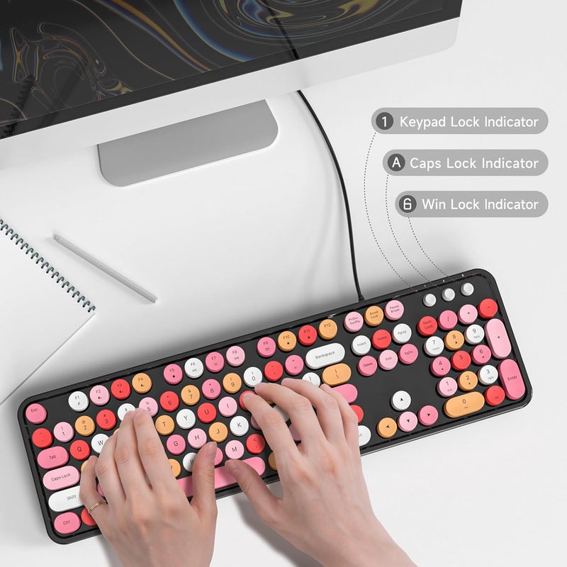 Atelus USB Wired Computer Keyboard - Retro Typewriter Keyboard - Full Size Office Keyboard with Number Pad, Caps Indicators, Foldable Stands, for PC Laptop Desktop Windows (Black Colorful) - Image 4